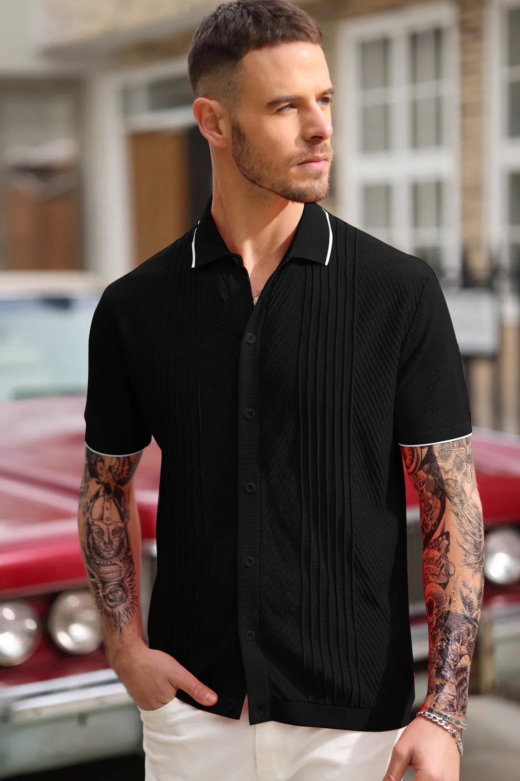 PJ Men Textured Cardigan Sweater Short Sleeve Lapel Collar Button-up Knitwear