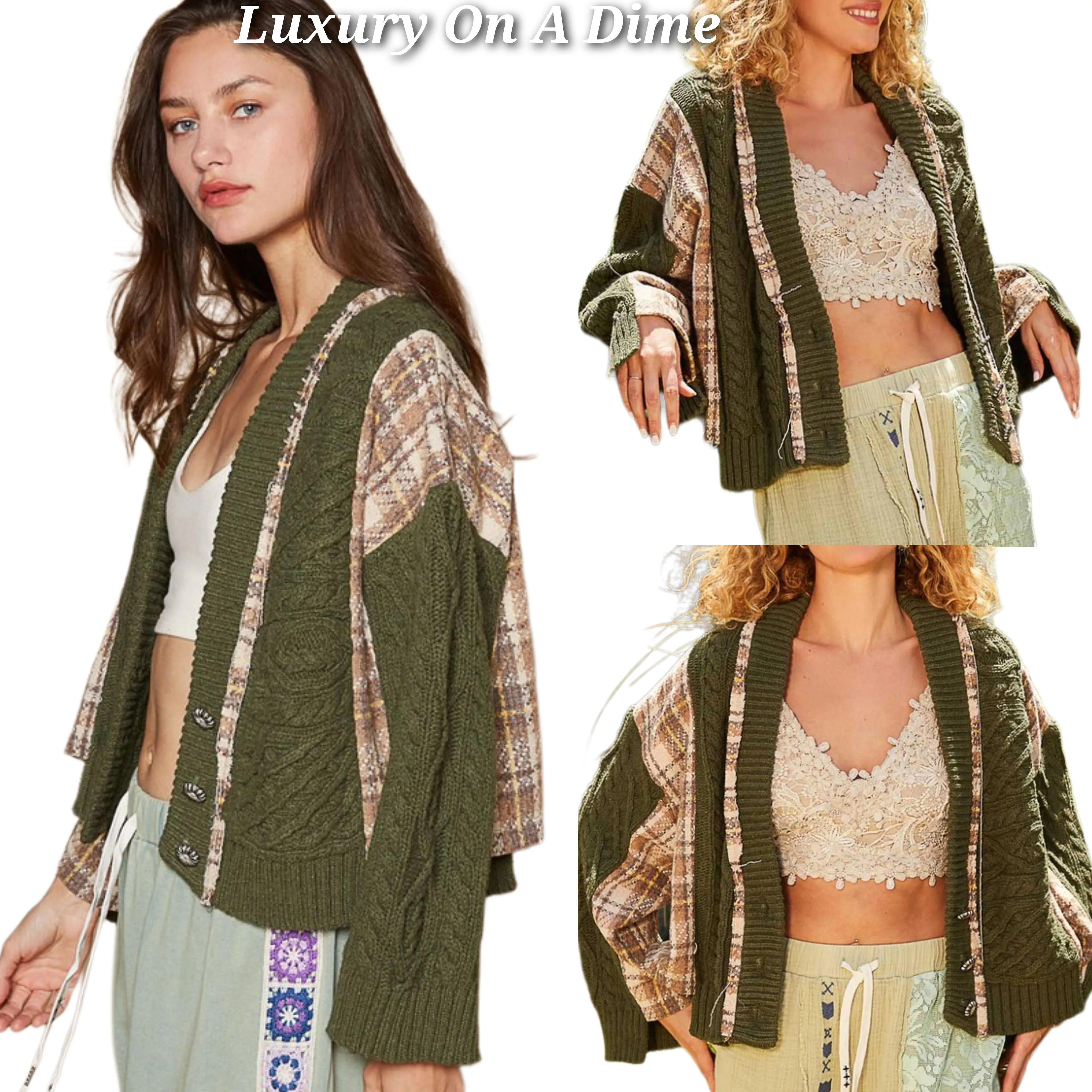 POL Cable Knit Jacket Patchwork Retro Button-up Chunky Plaid Oversized Cardigan