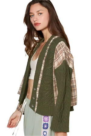 POL Cable Knit Jacket Patchwork Retro Button-up Chunky Plaid Oversized Cardigan