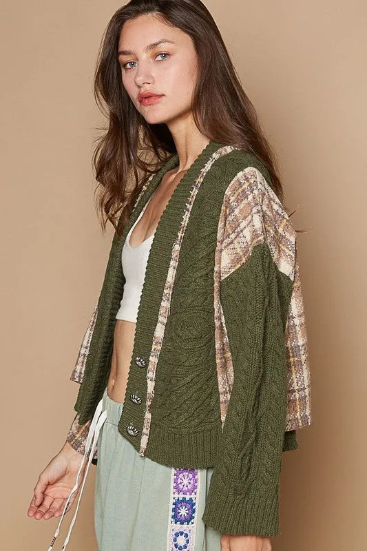 POL Cable Knit Jacket Patchwork Retro Button-up Chunky Plaid Oversized Cardigan