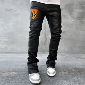 Retro trendy embroidered street leather trousers