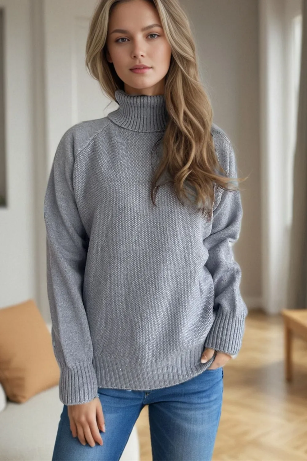 Ribbed Turtleneck Raglan Sleeve Sweater