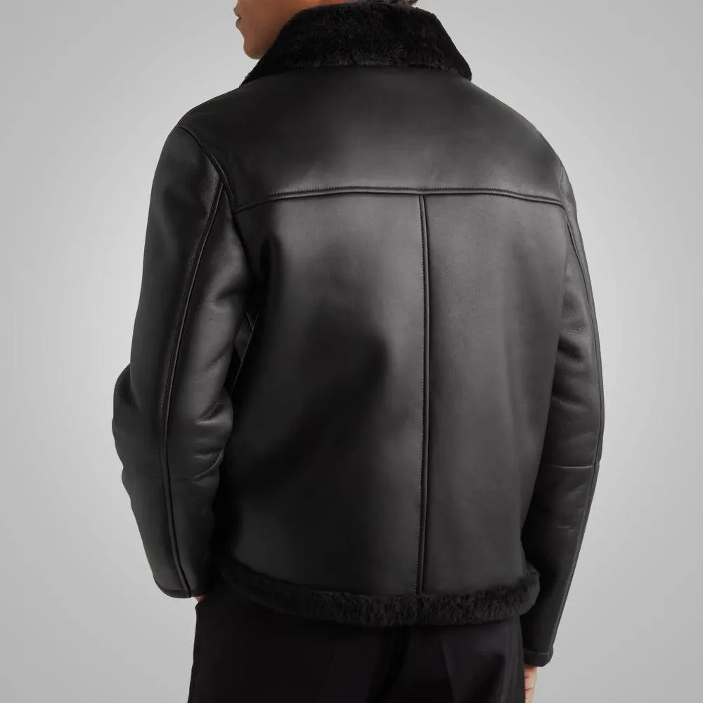 Shearling Lined Leather Black Trucker Jacket For Men