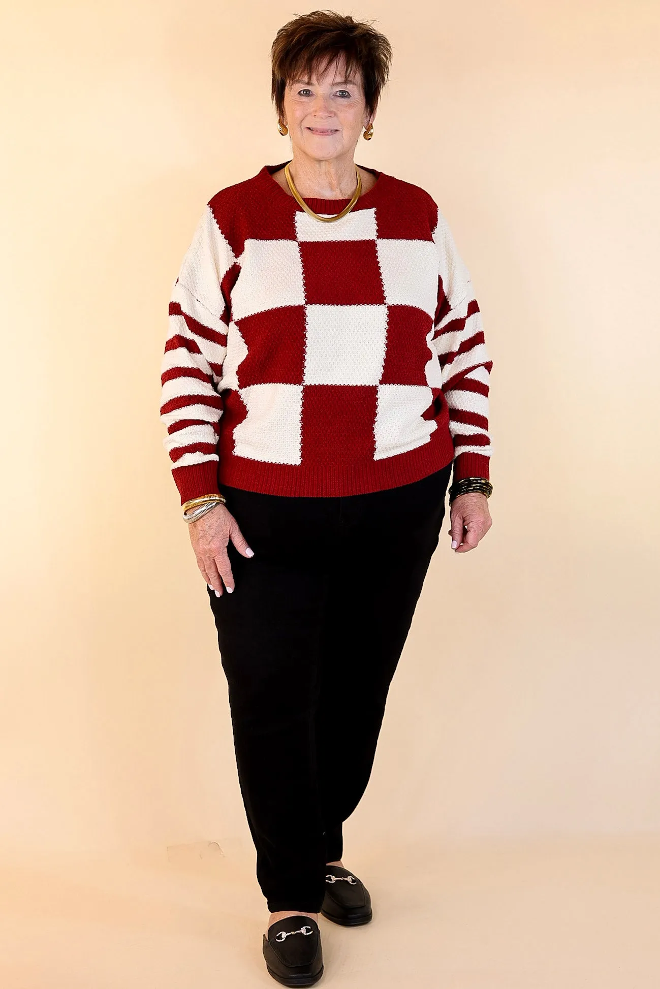 Split Decision Dual Patterned Long Sleeve Sweater in Maroon