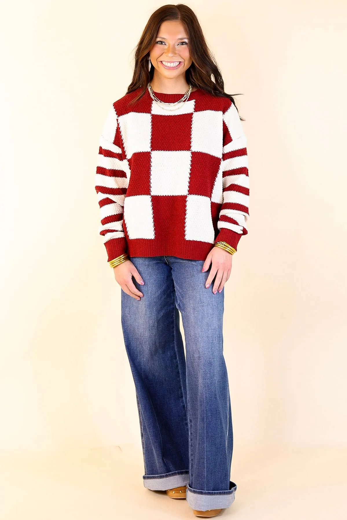 Split Decision Dual Patterned Long Sleeve Sweater in Maroon