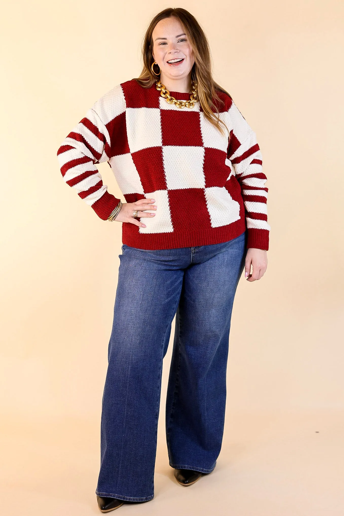 Split Decision Dual Patterned Long Sleeve Sweater in Maroon