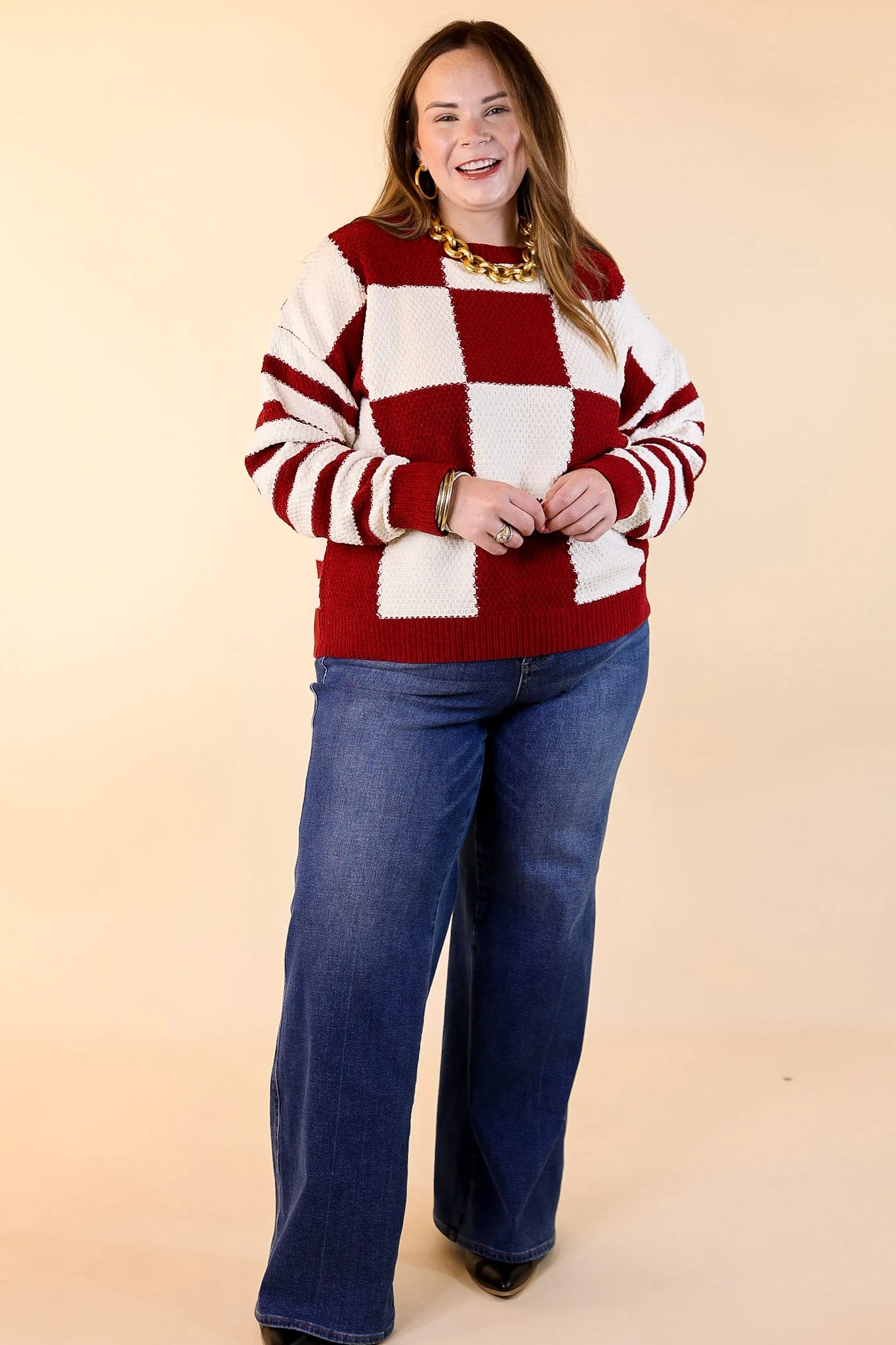 Split Decision Dual Patterned Long Sleeve Sweater in Maroon