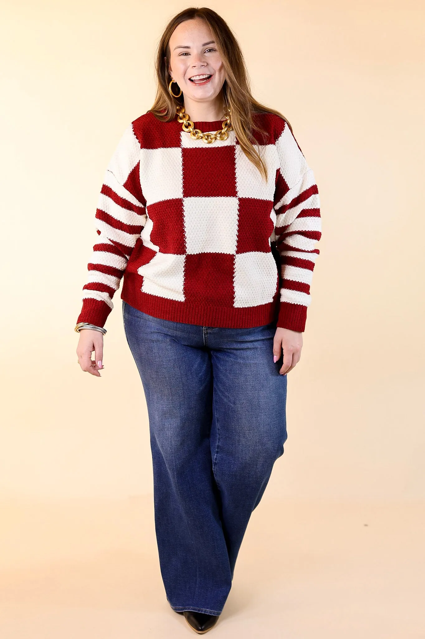 Split Decision Dual Patterned Long Sleeve Sweater in Maroon