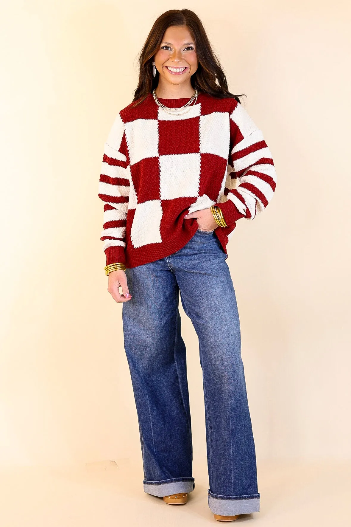 Split Decision Dual Patterned Long Sleeve Sweater in Maroon