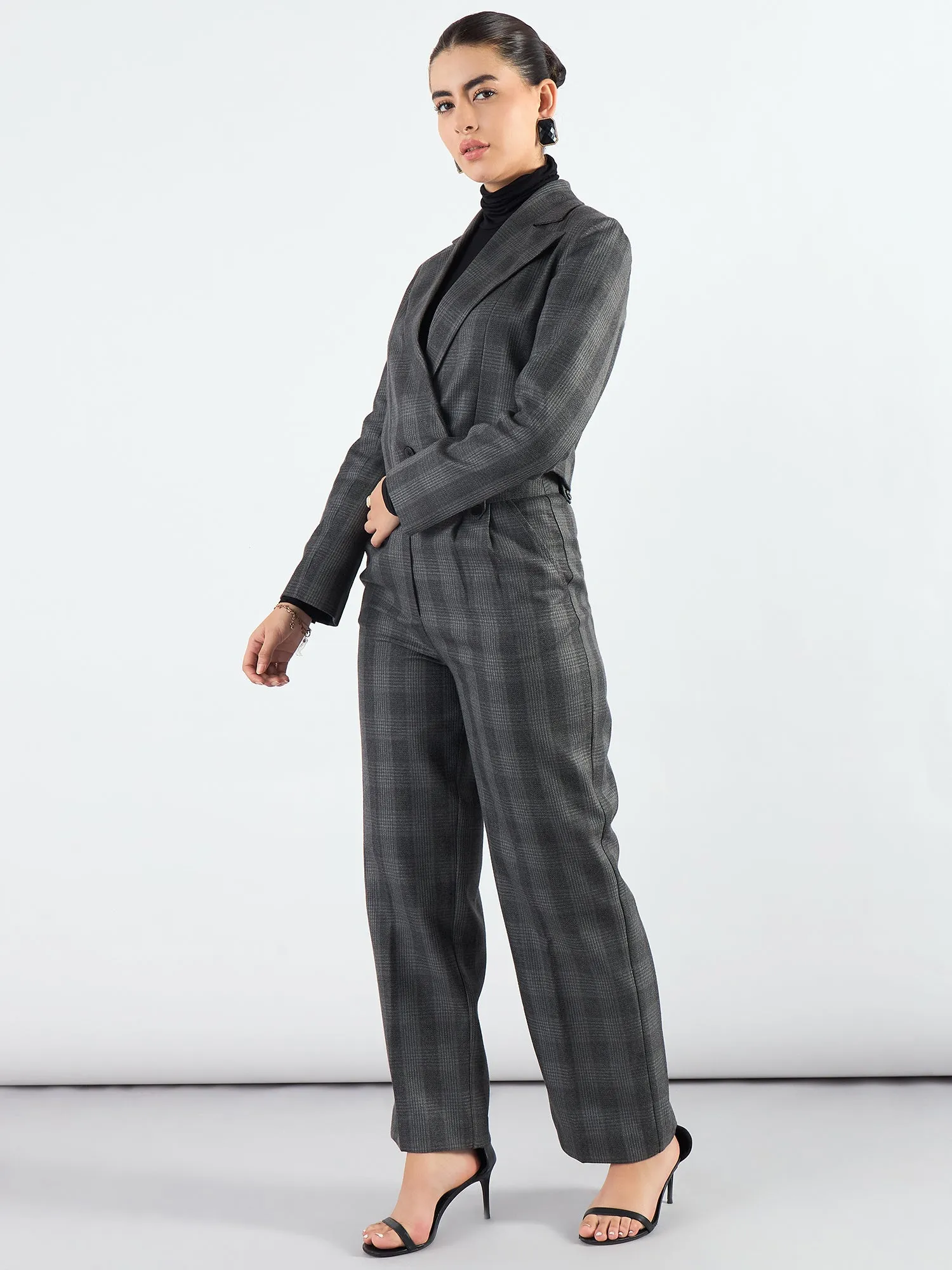 Stylish Grey Notched Lapel Checkered Warm Crop Blazer With Trouser