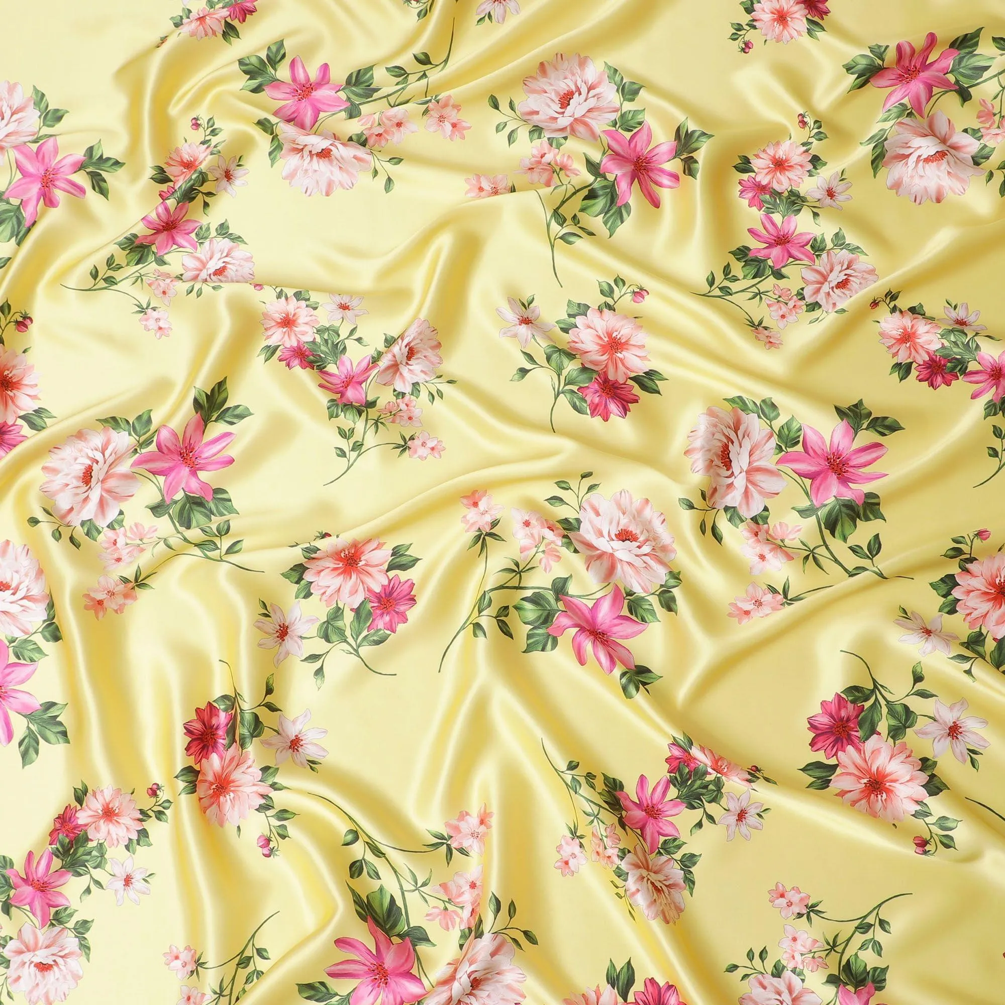 Sun flower yellow premium pure silk satin fabric with multicolor print in floral design-D14289