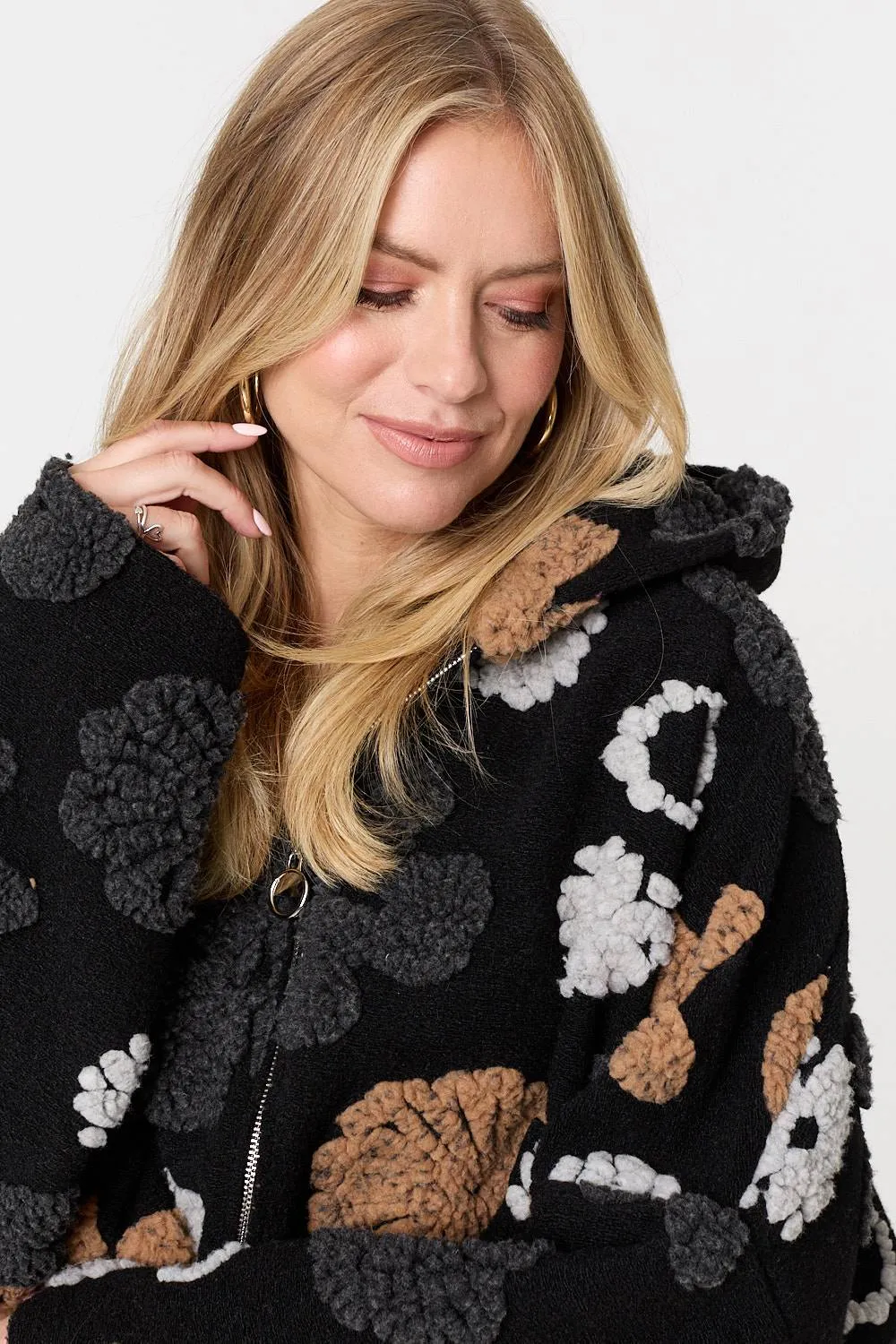 Textured Floral Longline Hoodie Coat