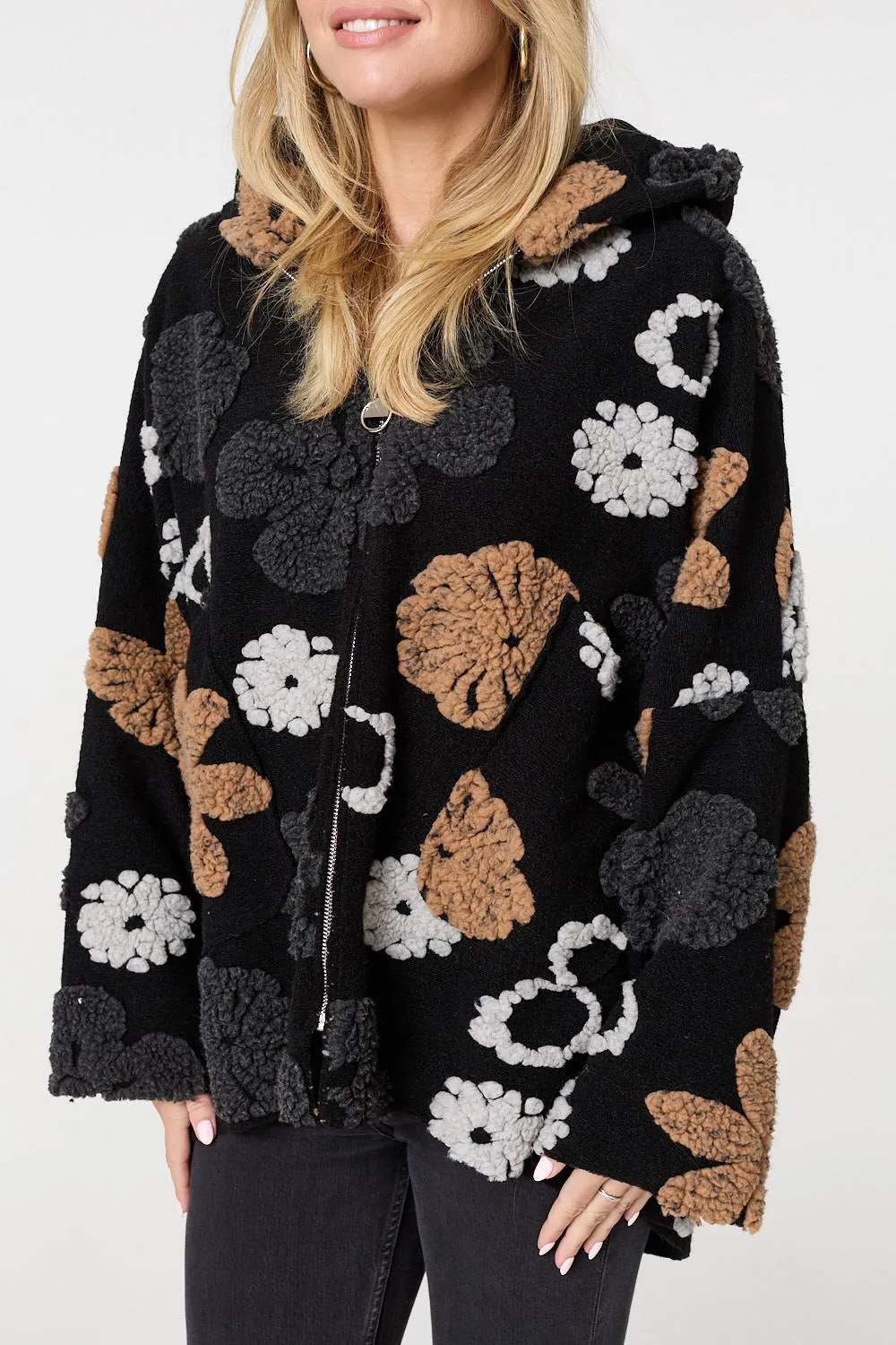 Textured Floral Longline Hoodie Coat