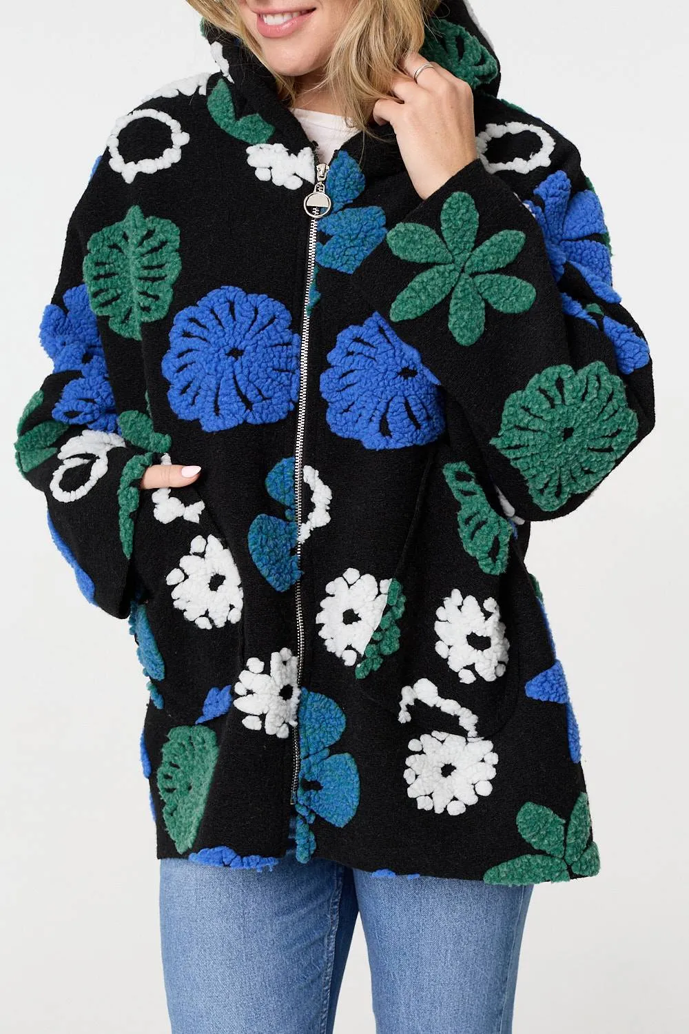 Textured Floral Longline Hoodie Coat