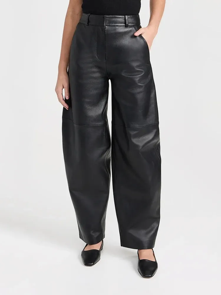 Trend4us Women's High-Waisted Faux Leather Wide Leg Pants