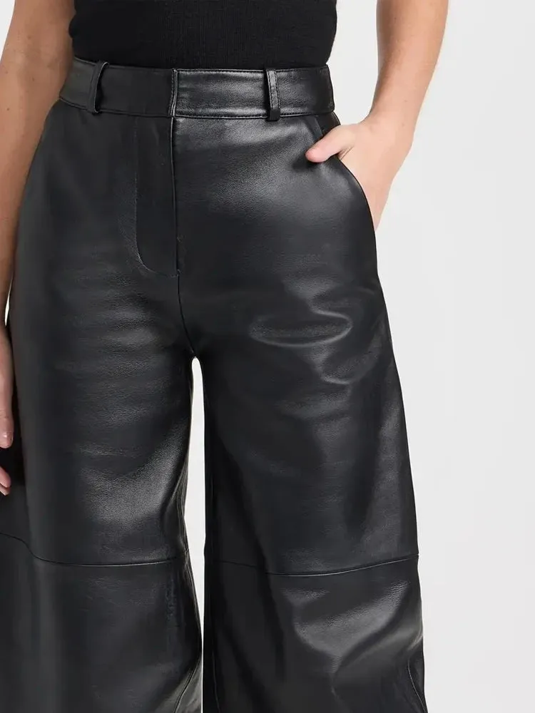 Trend4us Women's High-Waisted Faux Leather Wide Leg Pants