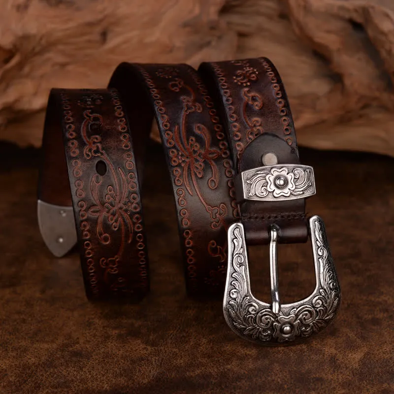 Unisex Rustic Texture Flower Printing Leather Belt