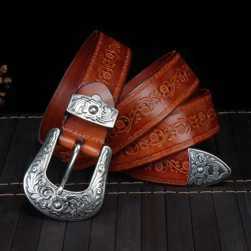 Unisex Rustic Texture Flower Printing Leather Belt