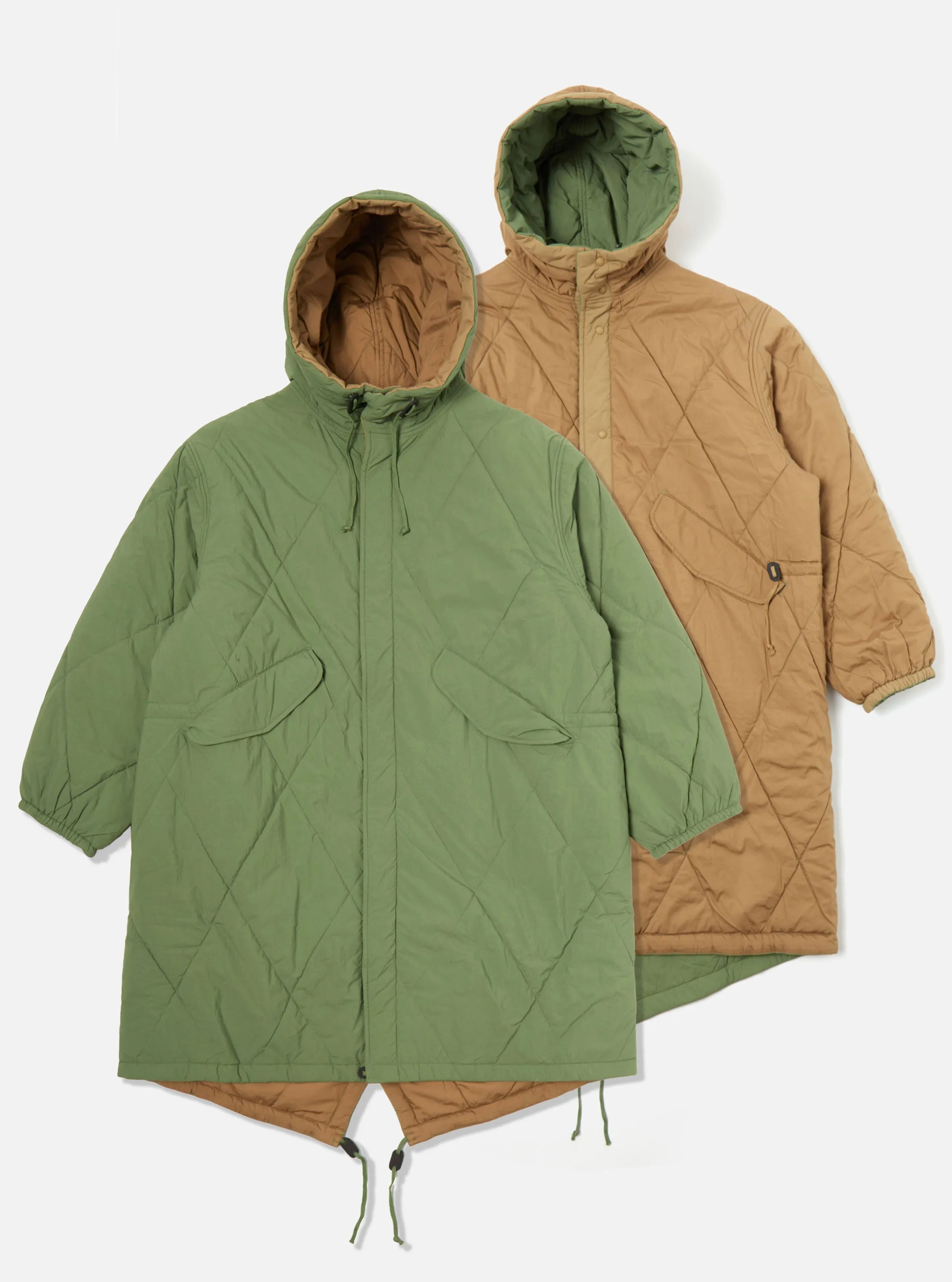 Universal Works Diamond Quilt Parka in Green Recycled Nylon