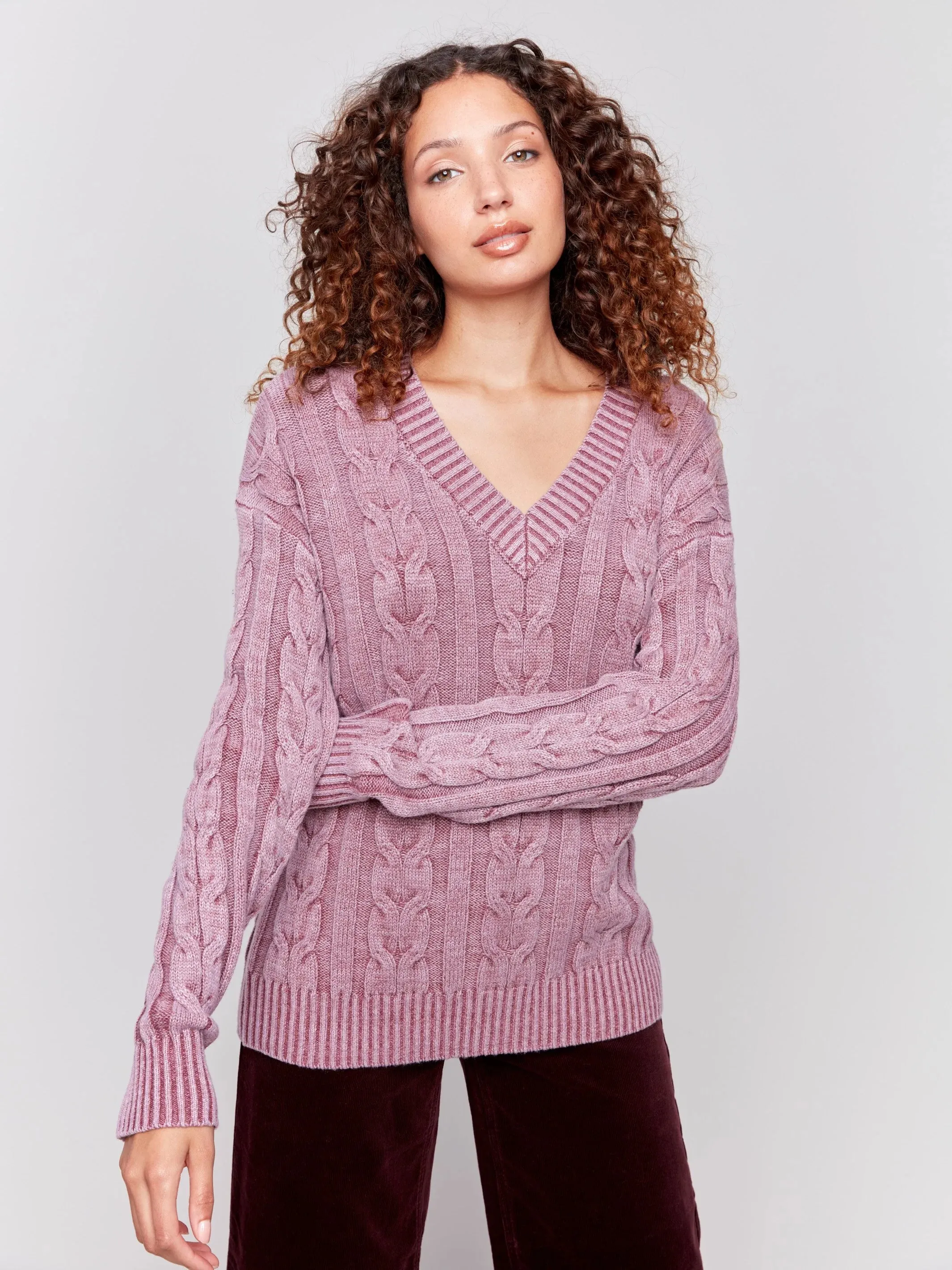 V-Neck Cable Knit Sweater - Cabernet