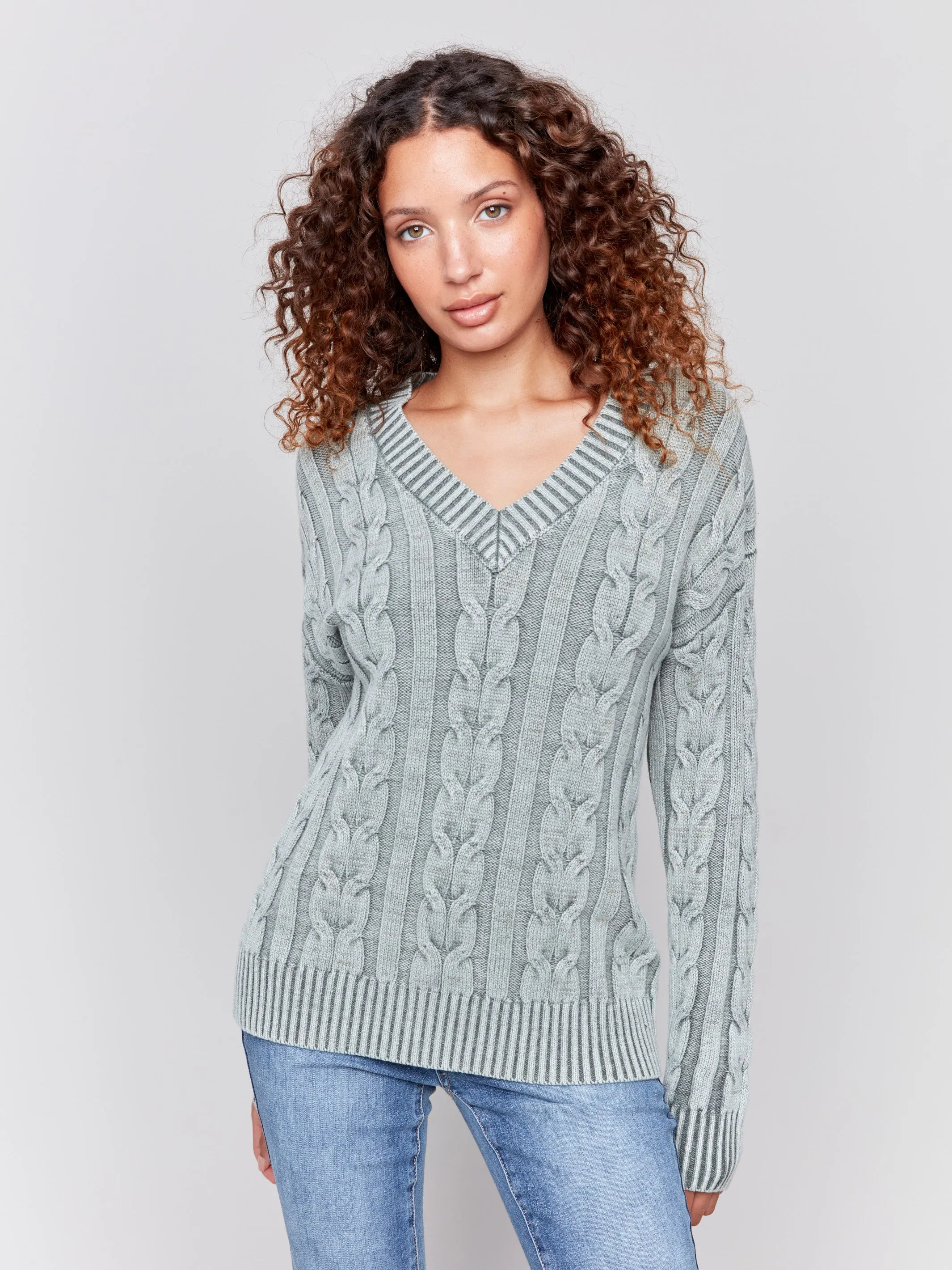 V-Neck Cable Knit Sweater - Spruce