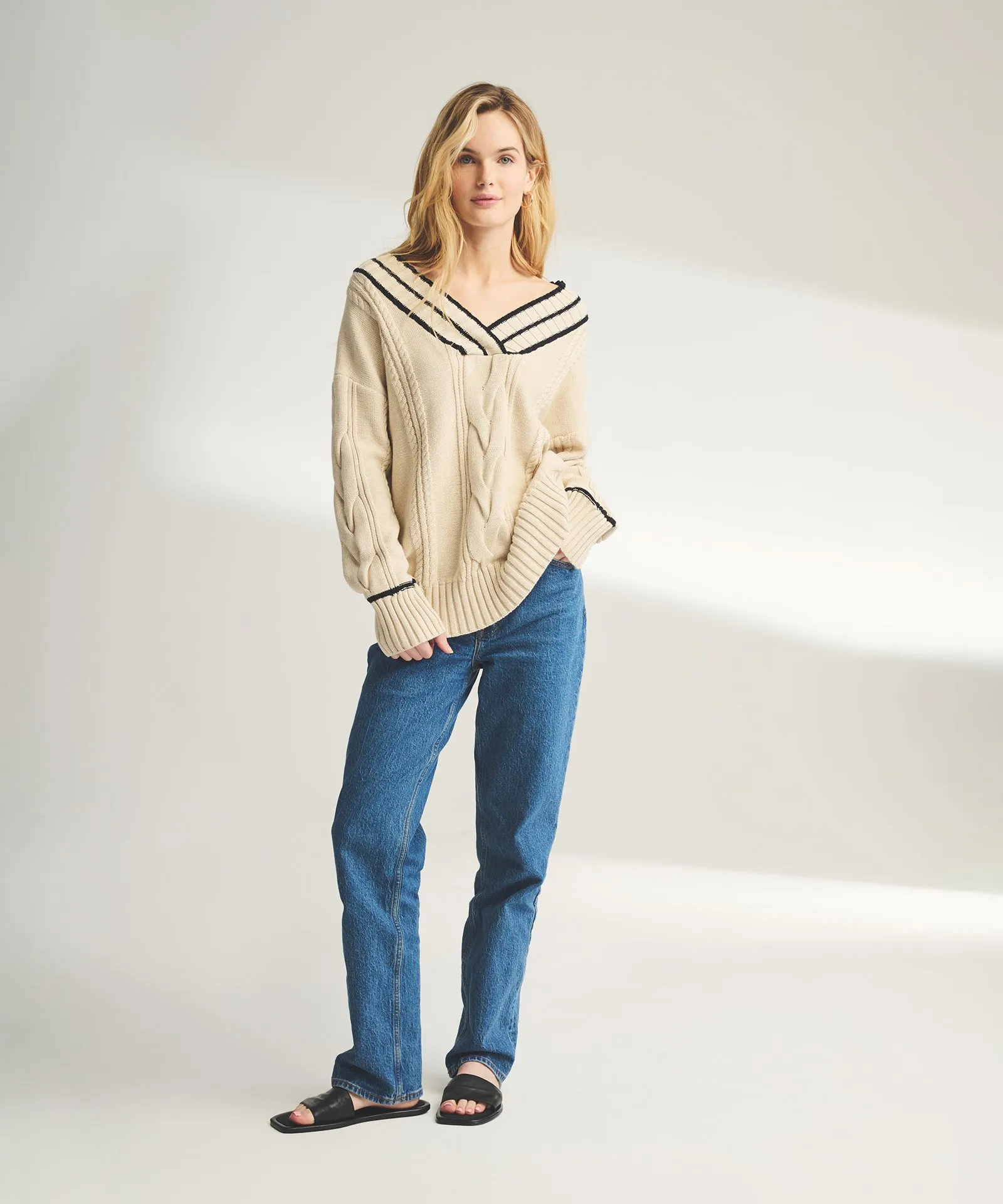 Varsity Cable Knit V-Neck