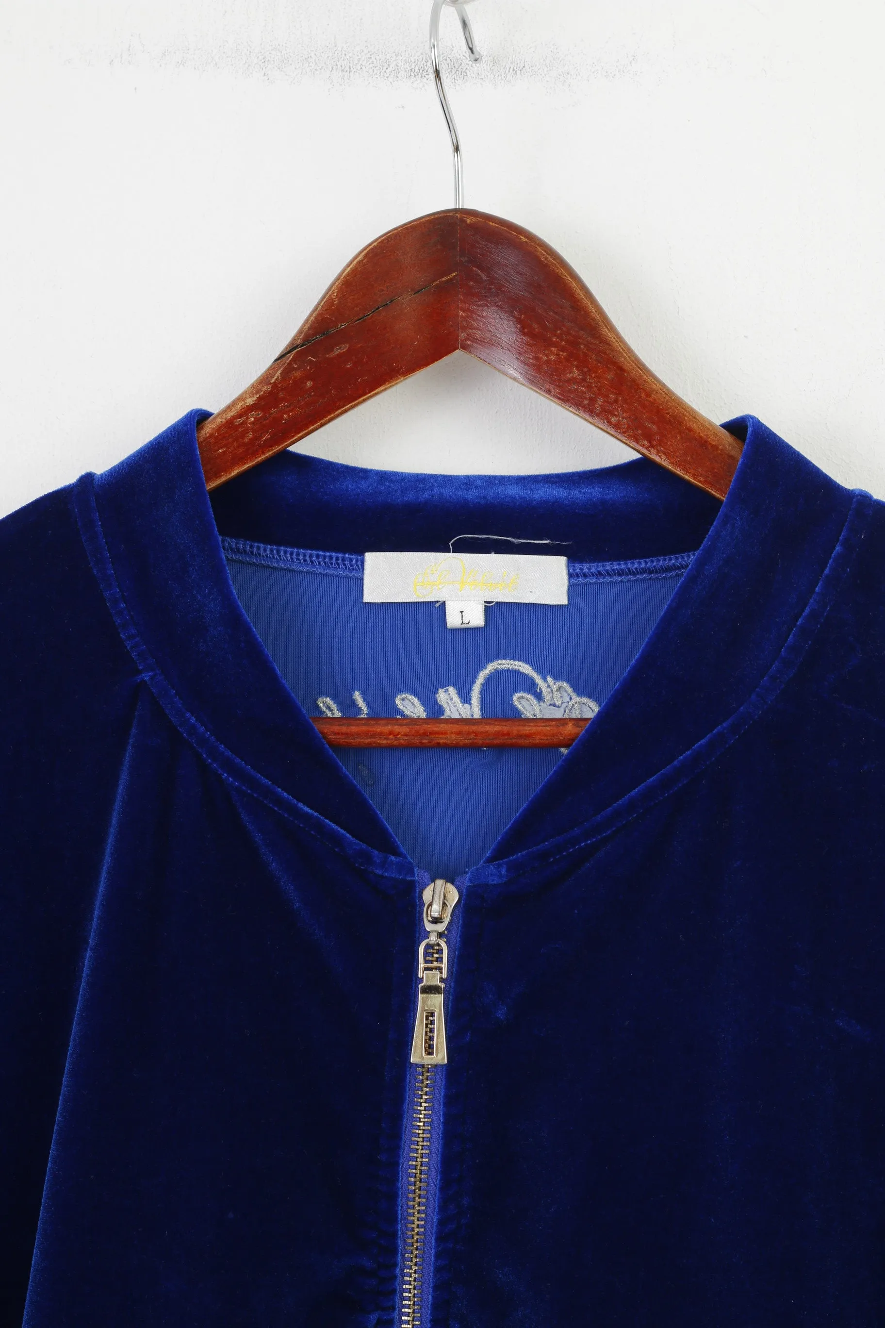 Velvet Woman L Sweatshirt Navy Full Zipper Soft Vintage Hoodie Collar Top