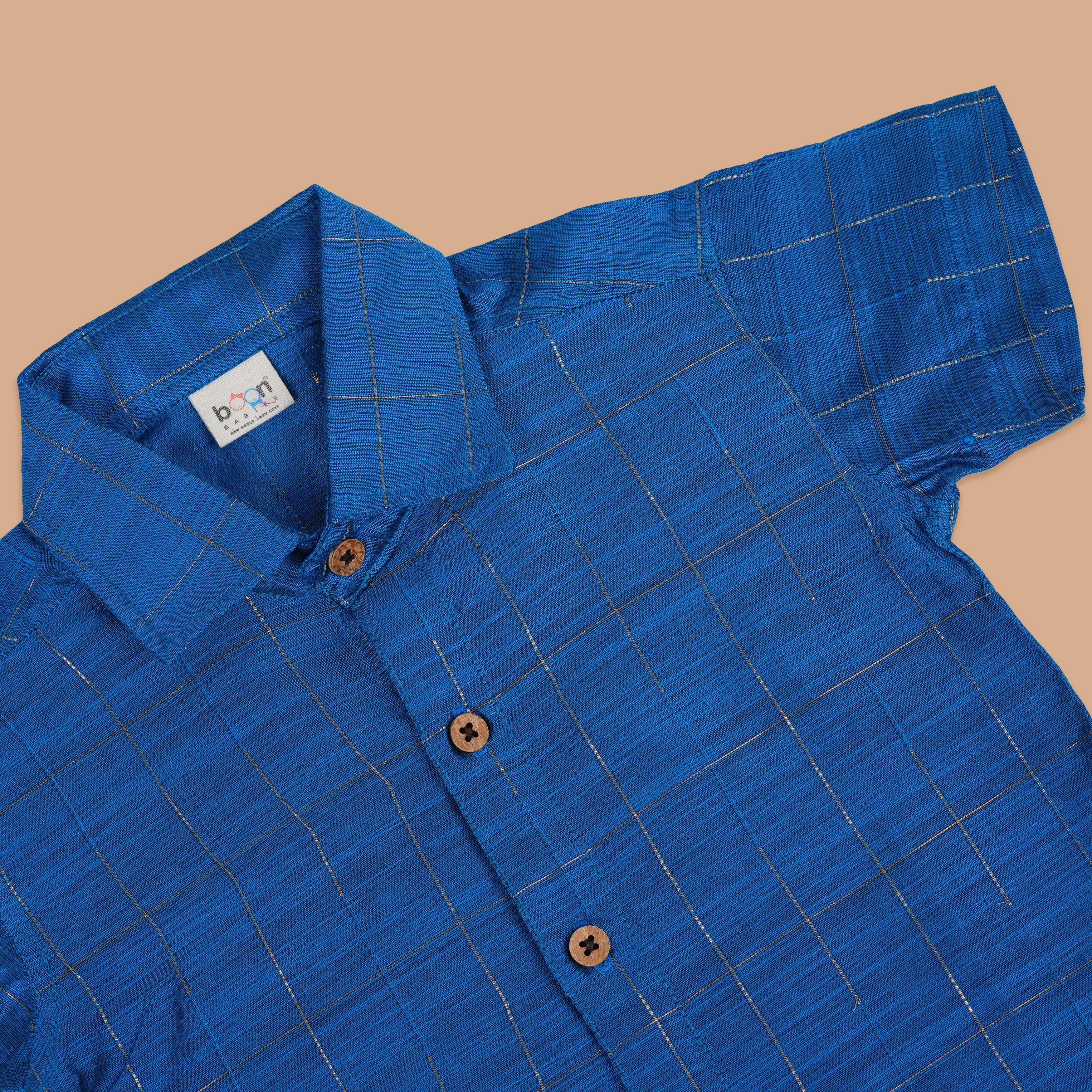 Vibrant Blue Checkered Boys Casual Shirt With Dhoti