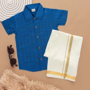 Vibrant Blue Checkered Boys Casual Shirt With Dhoti