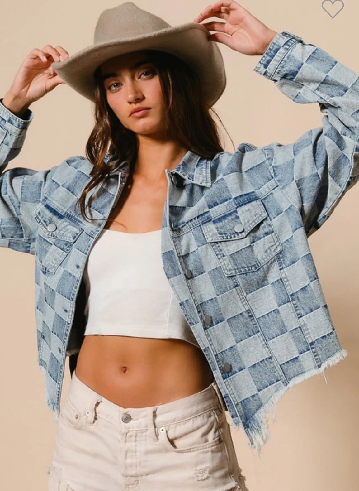 Washed Checker Denim Distressed Hem Jacket /Stuffology Boutique