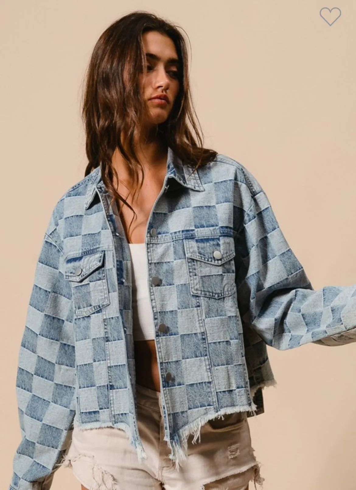 Washed Checker Denim Distressed Hem Jacket /Stuffology Boutique