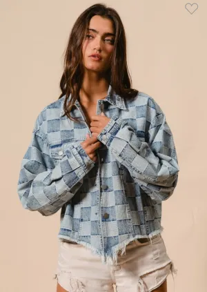 Washed Checker Denim Distressed Hem Jacket /Stuffology Boutique