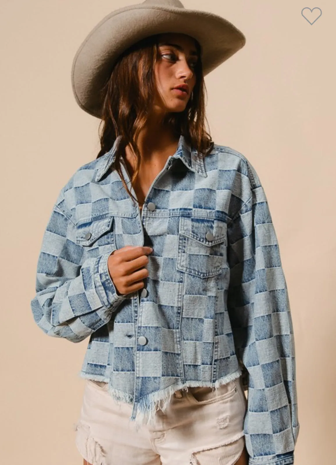 Washed Checker Denim Distressed Hem Jacket /Stuffology Boutique