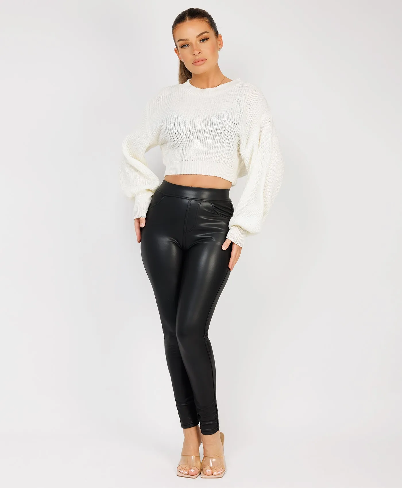 White Oversized Lined Knit Balloon Sleeve Jumper