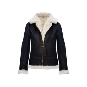 Women Black Jacket RAF Sheepskin Aviator Hooded