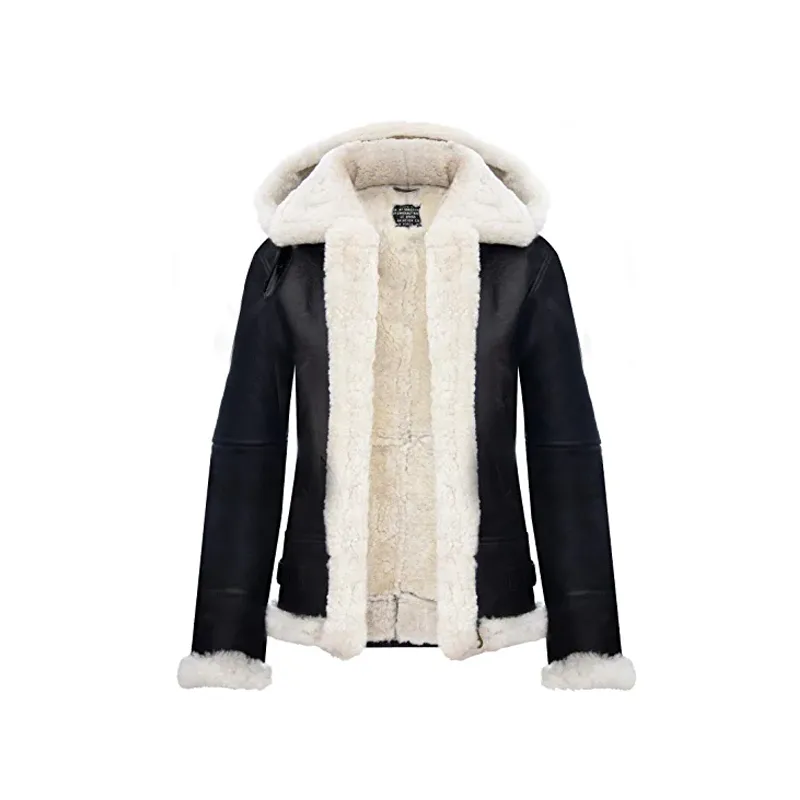 Women Black Jacket RAF Sheepskin Aviator Hooded