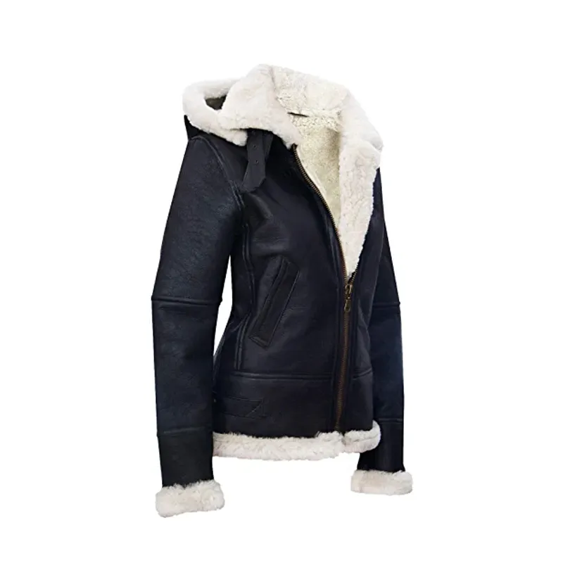 Women Black Jacket RAF Sheepskin Aviator Hooded