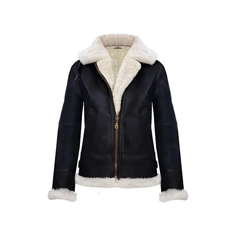 Women Black Jacket RAF Sheepskin Aviator Hooded