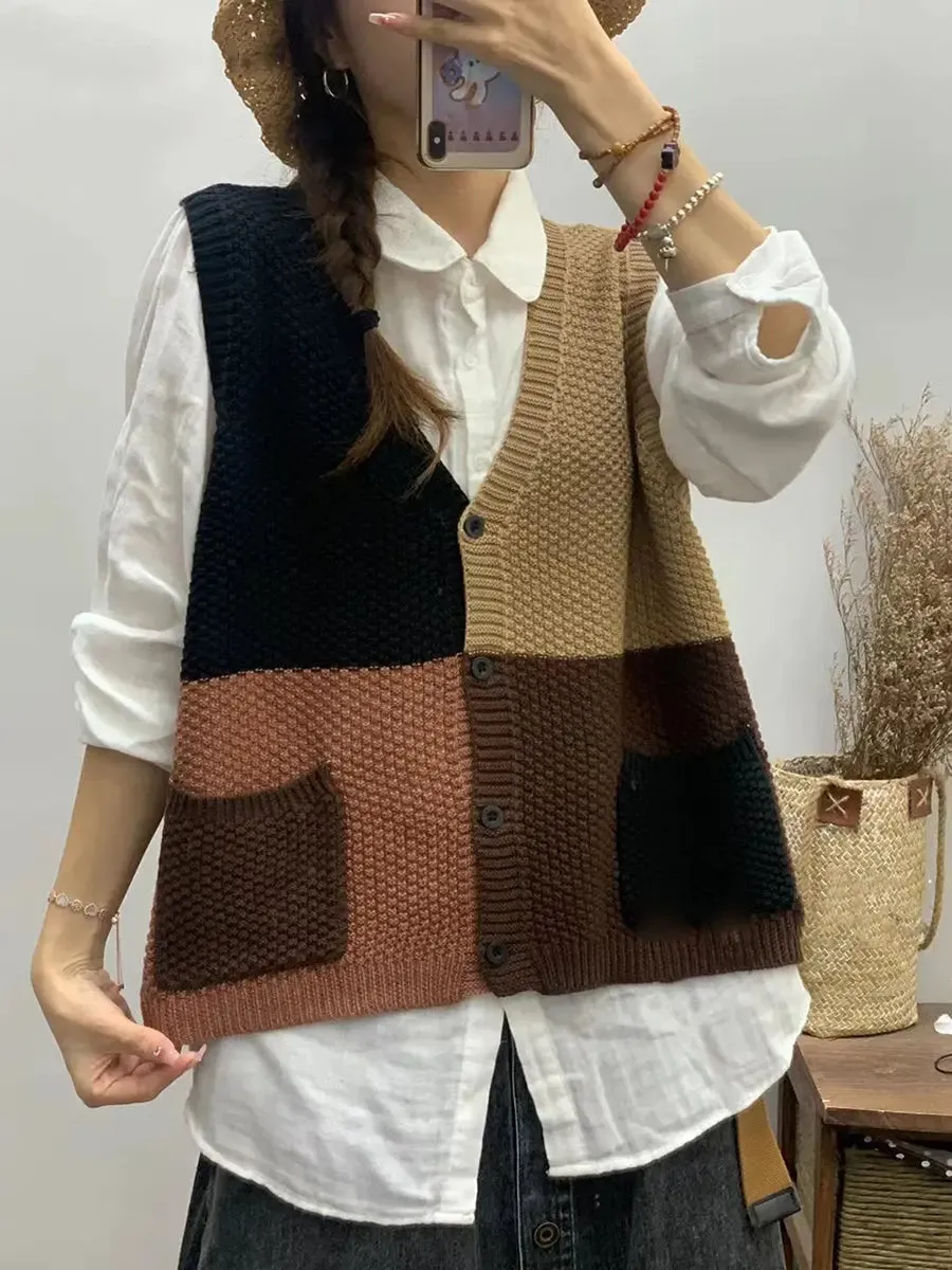 Women Colorblock Knitted V-Neck Vest