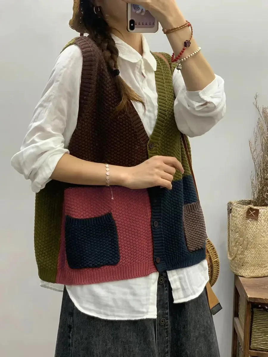 Women Colorblock Knitted V-Neck Vest