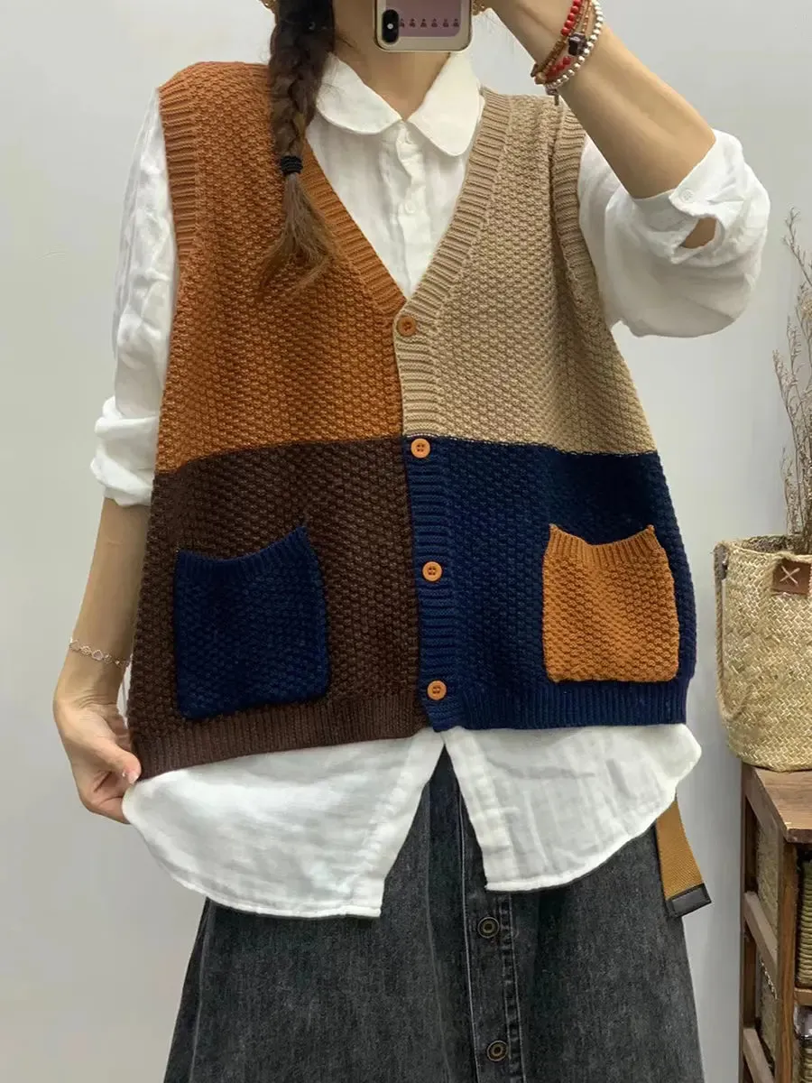 Women Colorblock Knitted V-Neck Vest