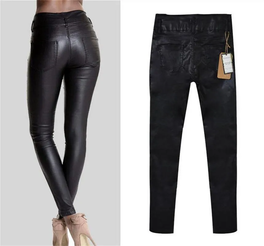 Women Leather Pants Elegant Skinny w/ Black PU Leather