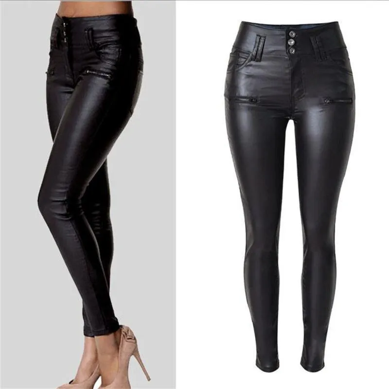 Women Leather Pants Elegant Skinny w/ Black PU Leather