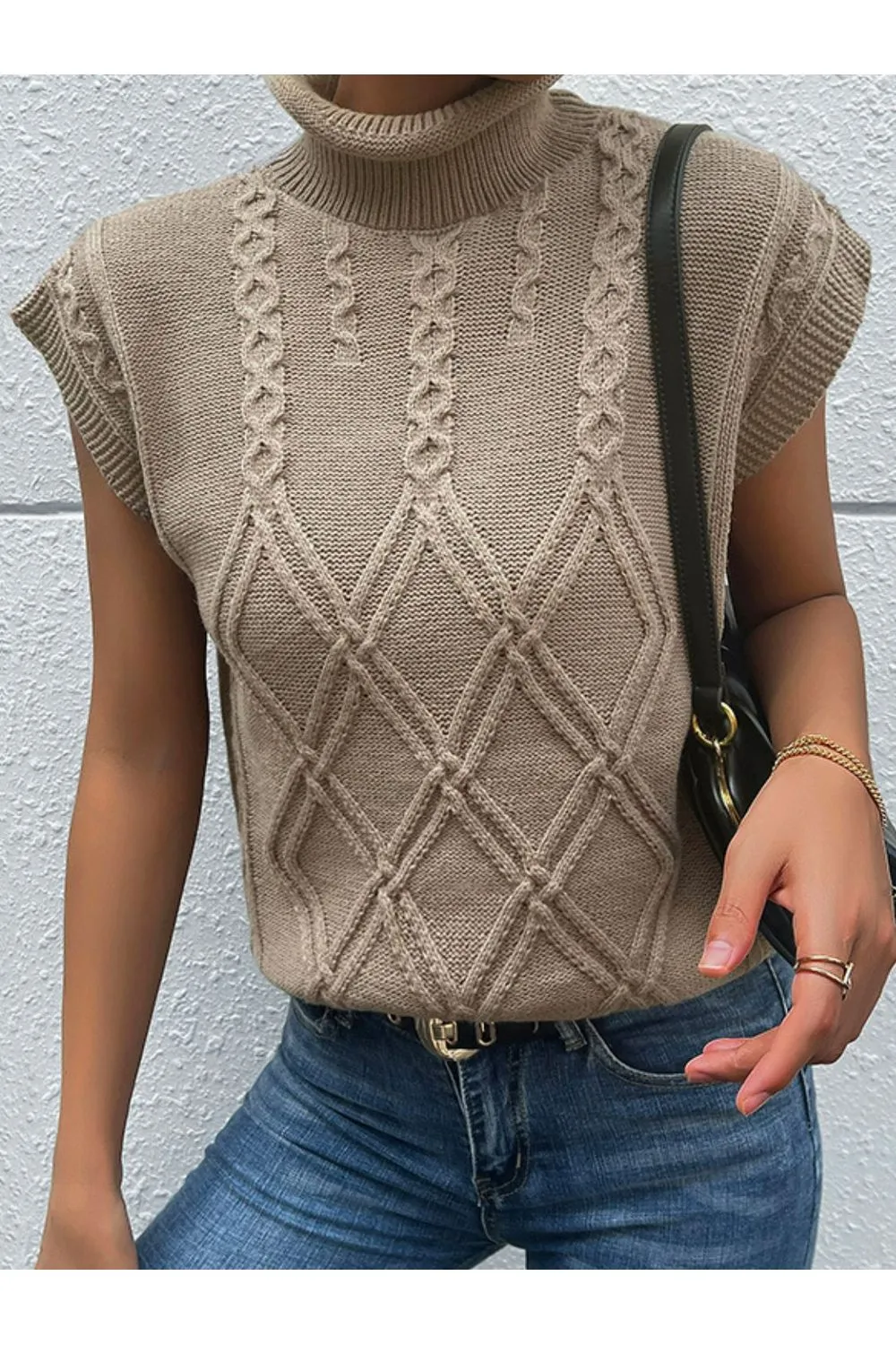 Women Mixed Knit Turtleneck Sweater Vest