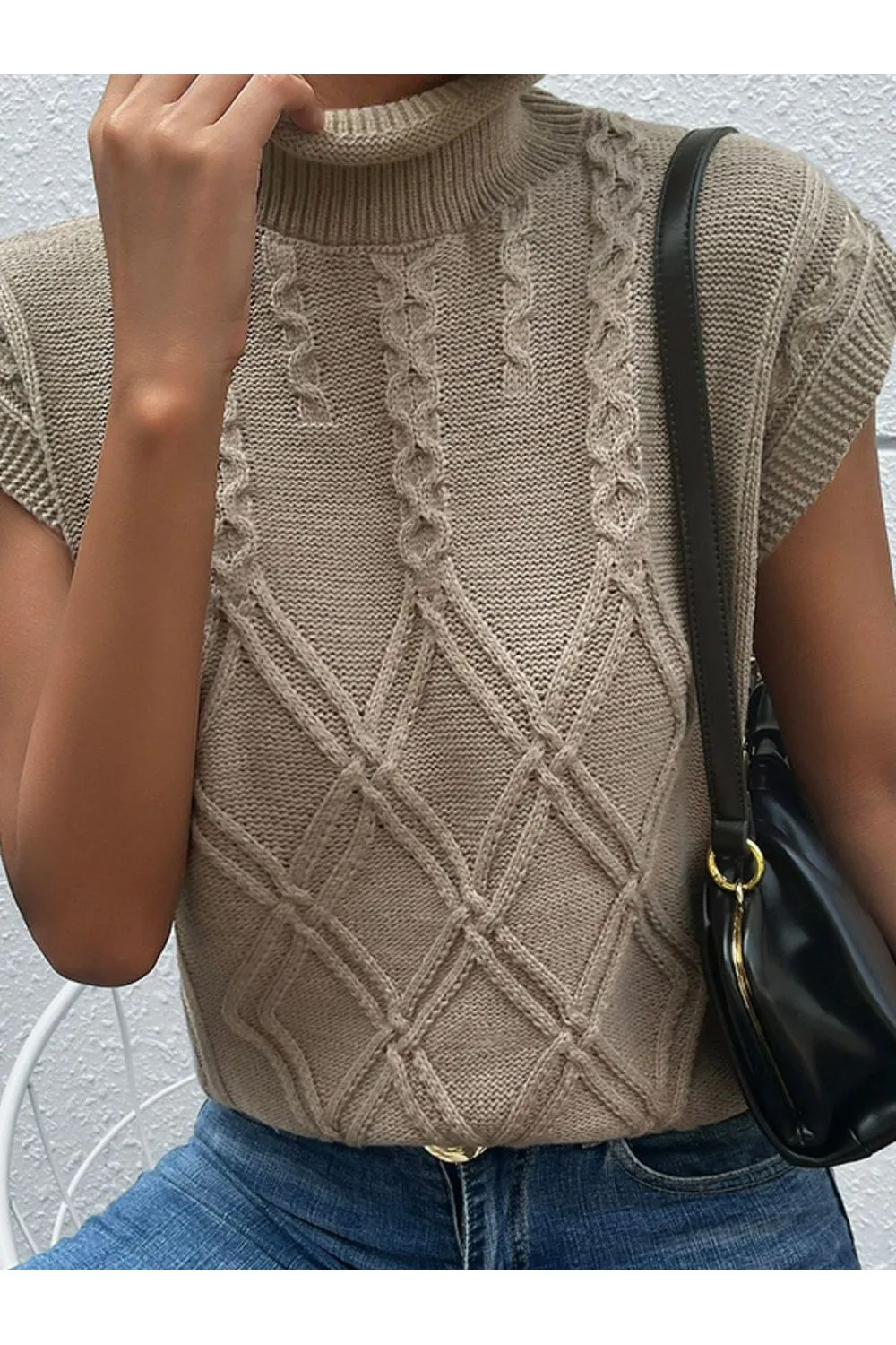 Women Mixed Knit Turtleneck Sweater Vest