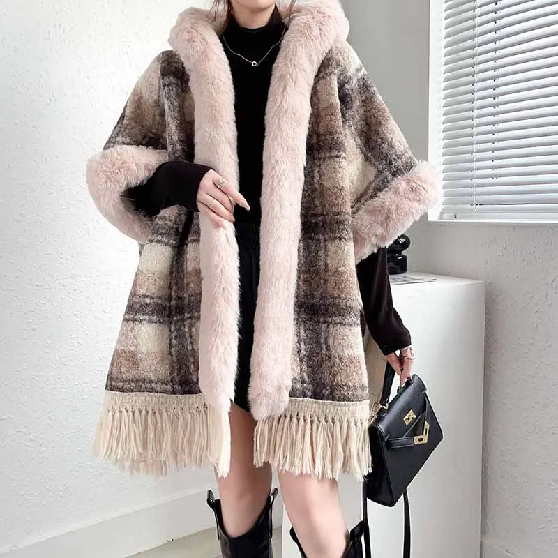 Women Tassel Warm Cardigan Cape Shawl Female Cloak Coat Fur Collar Thick Poncho