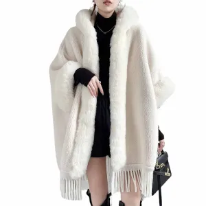 Women Tassel Warm Cardigan Cape Shawl Female Cloak Coat Fur Collar Thick Poncho