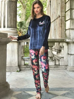 Women Velvet Breast Embroidered Long Sleeve Sweatshirt And Floral Printed Pants 2PCS Pajama Set