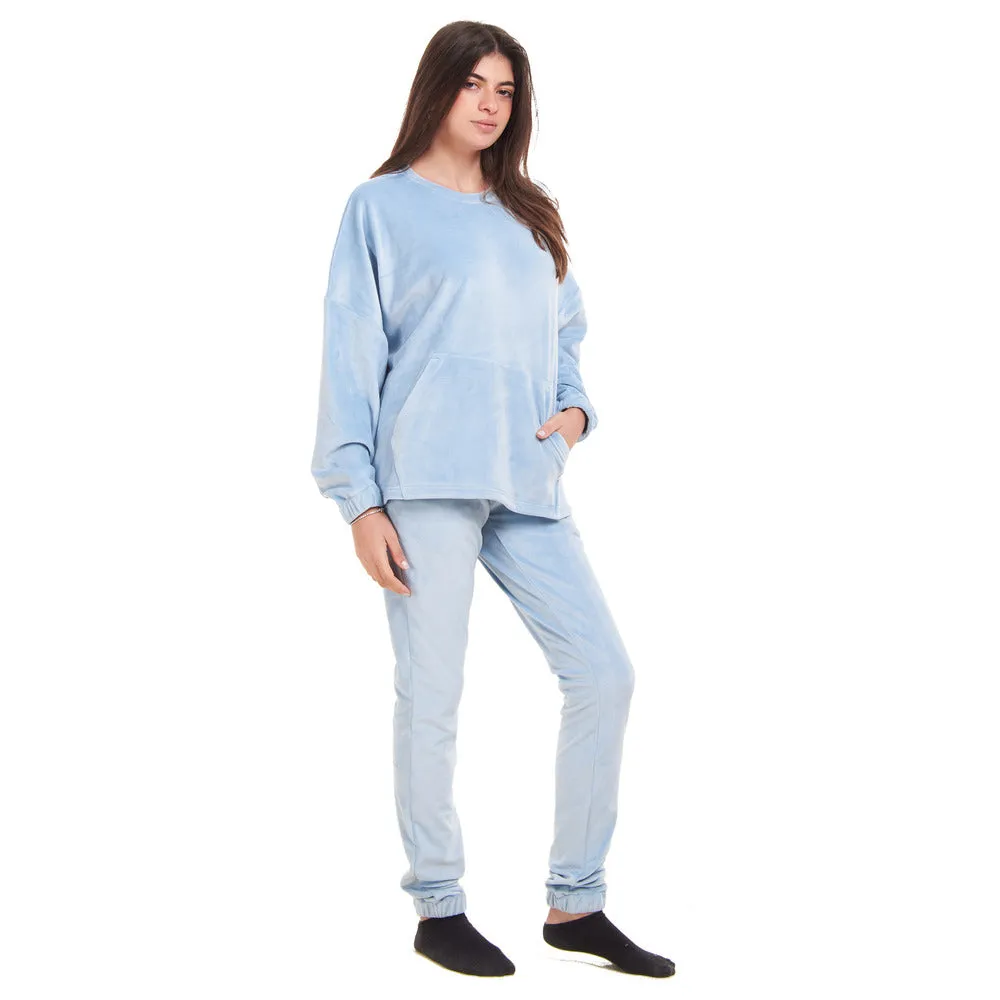 Women Winter Pajama Set Light Blue Sweatshirt   Pants