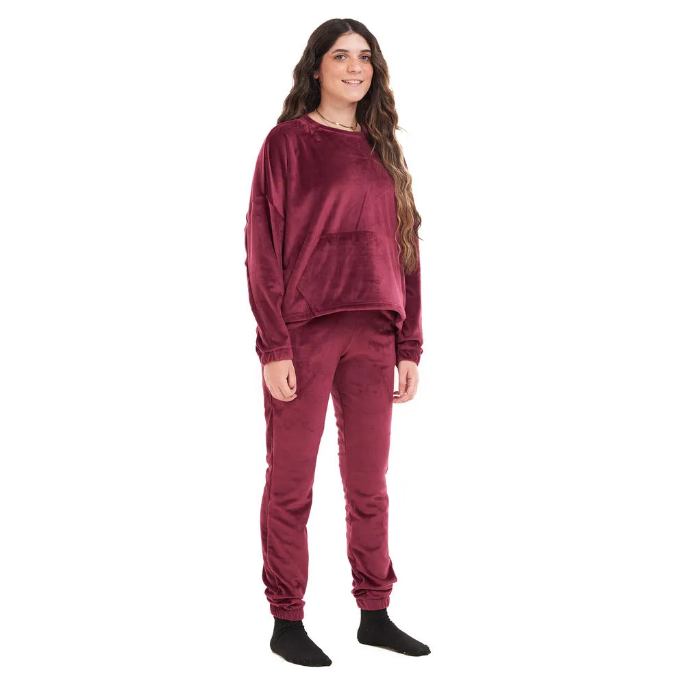 Women Winter Pajama Set Maroon Sweatshirt   Pants